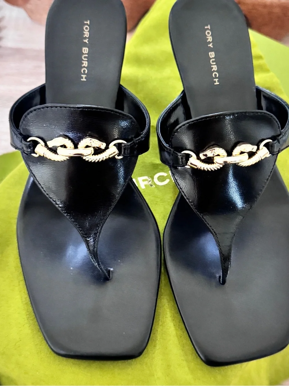 Tory Burch Black Leather Thong Mules with Gold Chain Accent
